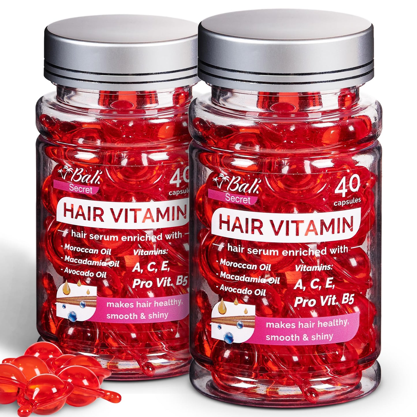 Hussell Hair Treatment Serum Bali Secret - 40 Hair Care Capsules - No Rinse - With Argan Macadamia & Avocado Oils - Vitamins A, E, & Pro B5 - Conditioner for Women & Men