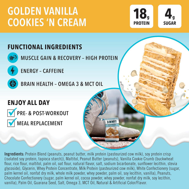JiMMYBAR! - Golden Vanilla Cookies 'N Cream - 18g Protein Bars - Low 4g Sugar - 12 Count - Real Peanut Butter Base with Hand-Drizzled Chocolate 58g Protein Bar - Functional Meal Replacement Bars