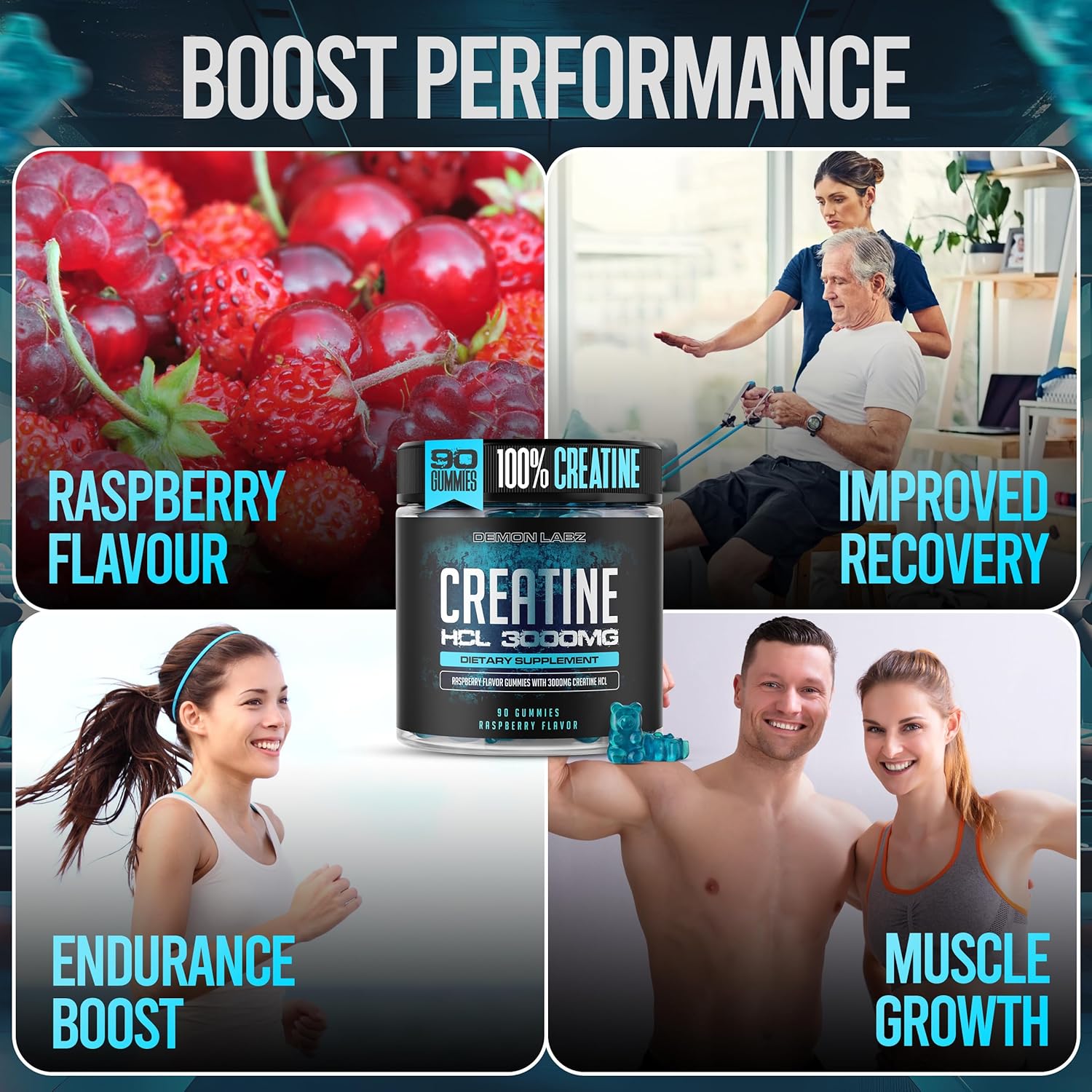 Creatine HCL 3000mg Per Serving - Raspberry Flavour - Vegan Gummies (90 Count (Pack of 1), Raspberry)