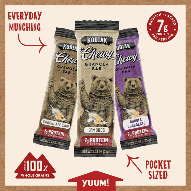 Kodiak Cakes Chewy Granola Protein Snack Bars Variety Pack, S'mores, Chocolate Chip, Double Chocolate, High Protein, 100% Whole Grains, Pack of 4 (20 bars total)