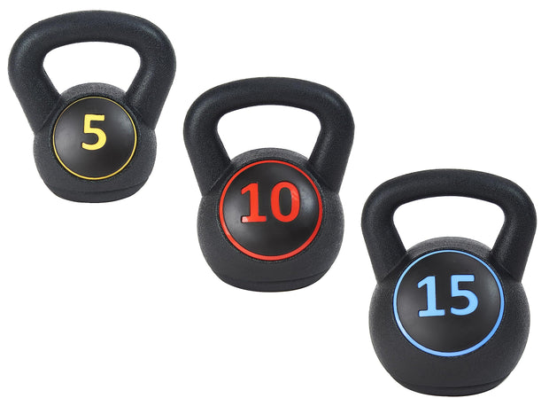 ​Wide Grip 3-Piece Kettlebell Exercise Fitness Weight Set, Include 5 lbs, 10 lbs, ​15 lbs​ and 20 lbs, Set of 3 or Set of 4