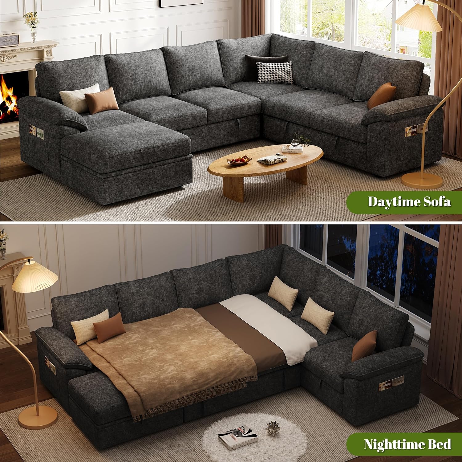 108 Inch Sectional Sleeper Sofa with Pull Out Bed, U Shaped 7 Seat Modular Sectional Sofa with Storage, Sectional Couches for Living Room, Cloud Modular Couch, Removable Sofa Cover, Dark Grey