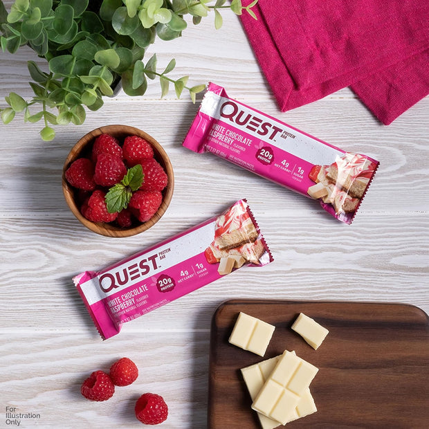 Quest Nutrition White Chocolate Raspberry Protein Bars, 20g Protein, 1g Sugar, 5g Net Carb, High Fiber, Gluten Free, Keto Friendly, 4 Count