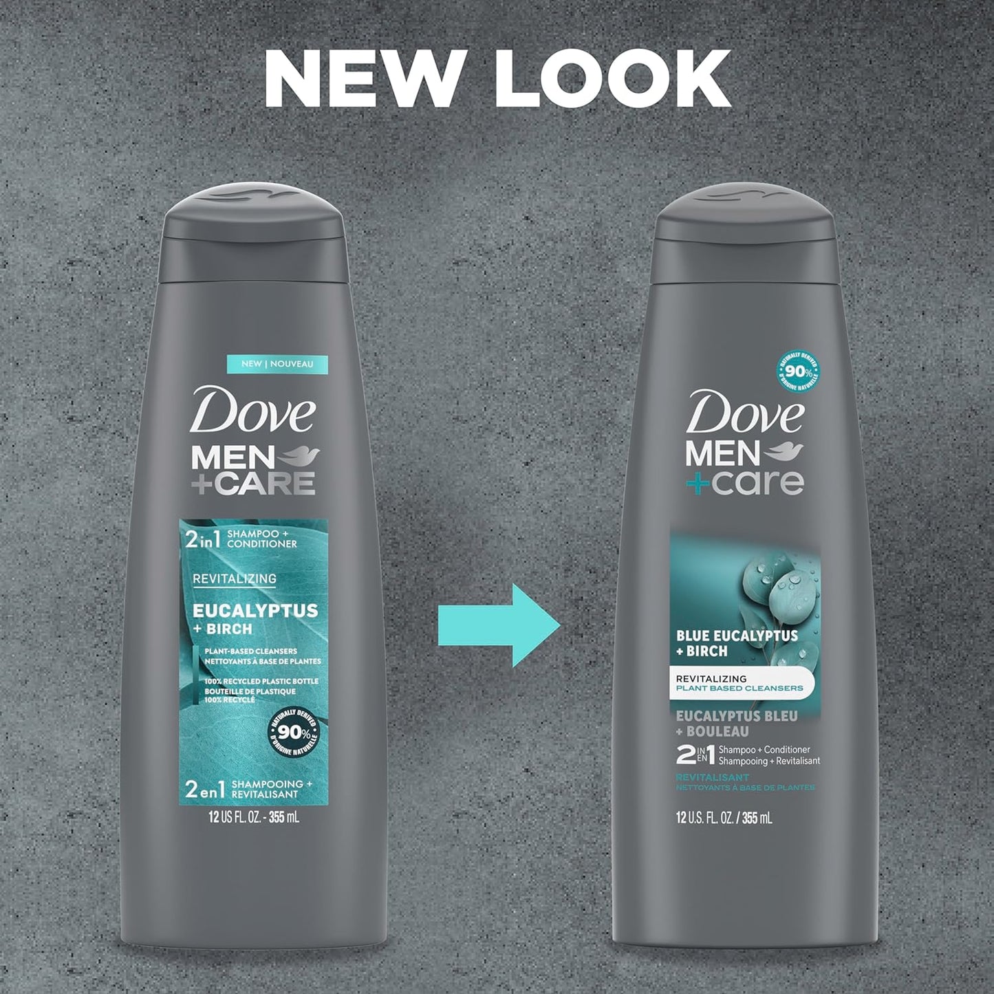 DOVE MEN + CARE 2 in 1 Shampoo & Conditioner Eucalyptus & Birch For Healthy-Looking Hair Naturally Derived Plant Based Cleansers 12 oz