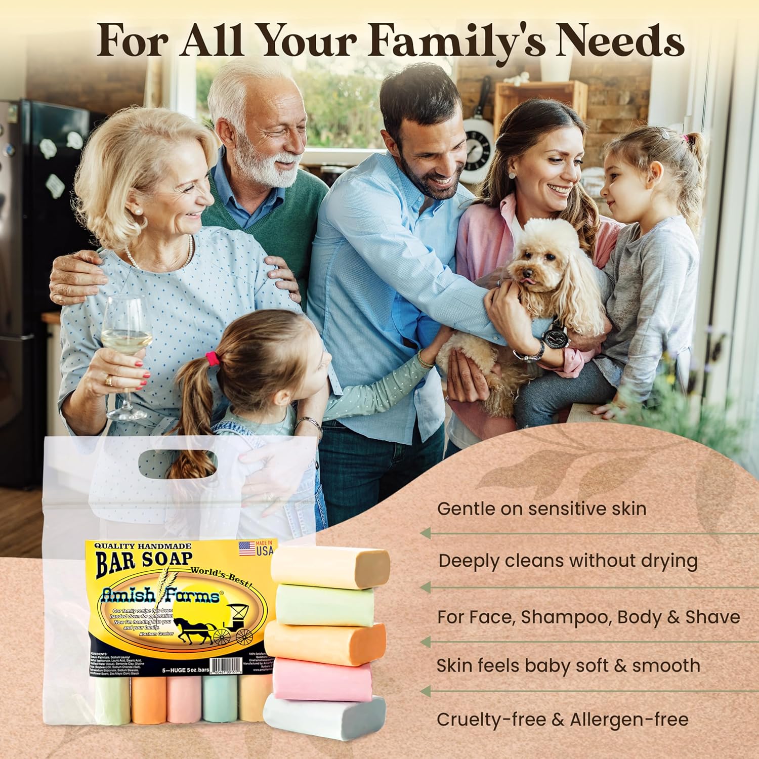 Amish Farms Soap Bar with All Natural Bentonite Clay | Made in USA, Vegan Moisturizing for Sensitive Skin | Women & Mens Face & Body Bath Soap for Shower | Clean Scent | 5 Ounce Each (5 Bars)