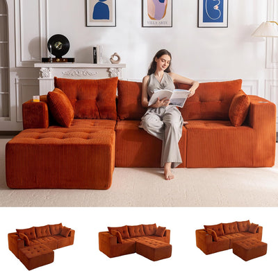 MAXYOYO Modular Sectional Sofa Couch, L Shaped Modern Cloud Couch with 1 Ottoman, Sofa in A Box, Tufted 4-Seat Boneless Sleeper Chair for Living Room, No Assembly Required, Orange