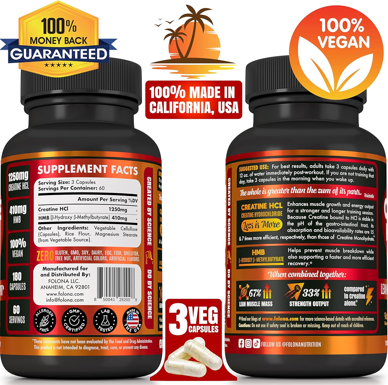 Creatine HCL Capsules with HMB - Workout Supplement for Men & Women, Muscle Builder, Endurance, Strength, Superior to Monohydrate: Instantized for Max Absorption, No Load, No Bloat, 180 Vegan Capsules