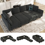 Sectional Sleeper Sofa, 6 Seaters Dark Grey Modular Sleeper Sofa Couch, Comfy Sectionals Couches Bed, Convertible Sofas with Ottomans, Modular Sectional Couches for Living Room