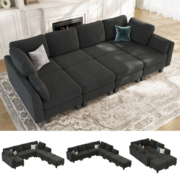 Sectional Sleeper Sofa, 6 Seaters Dark Grey Modular Sleeper Sofa Couch, Comfy Sectionals Couches Bed, Convertible Sofas with Ottomans, Modular Sectional Couches for Living Room