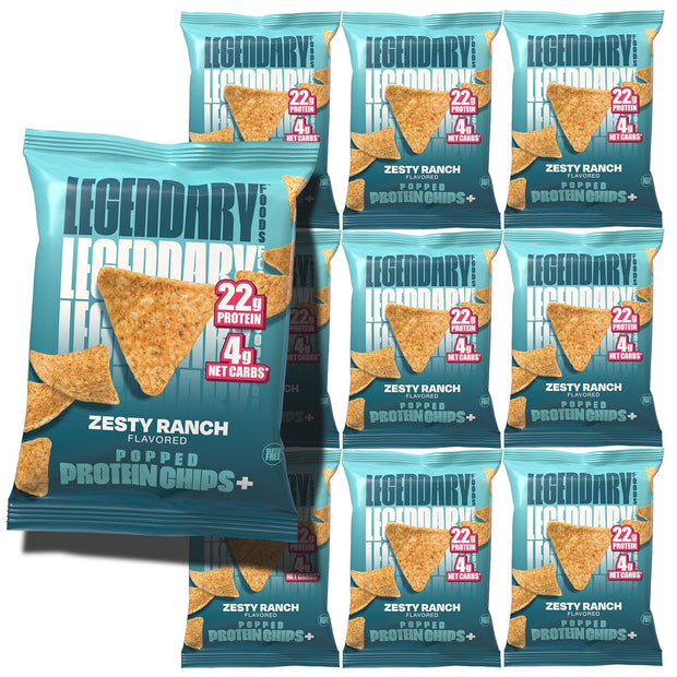 Legendary Foods Zesty Ranch Protein Chips – Popped Tortilla Style – 22g High Protein, 4g Net Carbs, Low Sugar, Gluten Free, Keto Snack Packs – 10 Count – Healthy Crunchy Chips