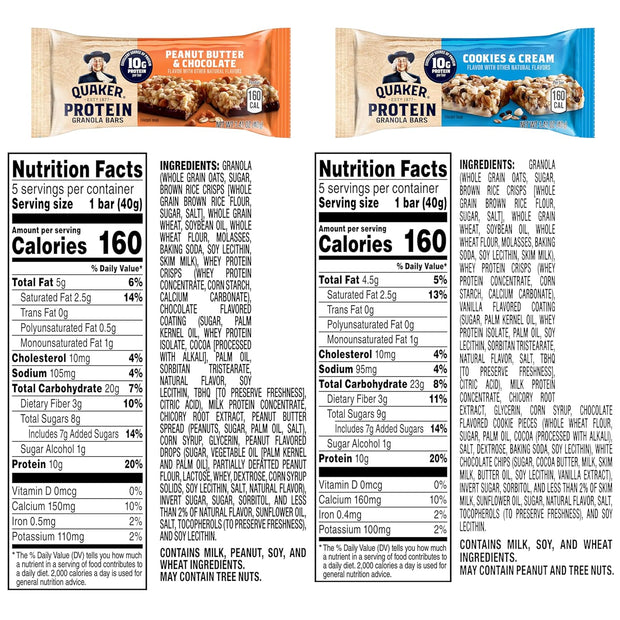 Quaker Protein Granola Bars, 2 Flavor Variety Pack, 10g Protein, 1.41 oz Bars, 20ct