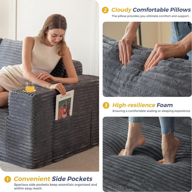 MAXYOYO 110" Modular Sectional Couch with L-Shape Chaise, Modern Boneless Couch for Living Room, Sofa in A Box, Oversized Sofa Sleeper with Deep Seat, No Assembly Required, Dark Grey