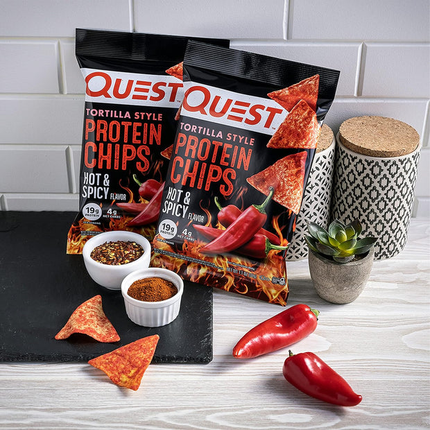 Quest Nutrition Tortilla Style Protein Chips, Hot & Spicy, 19g of Protein, 4g Net Carbs, High Protein, Gluten Free, 1.1 Ounce (Pack of 12)