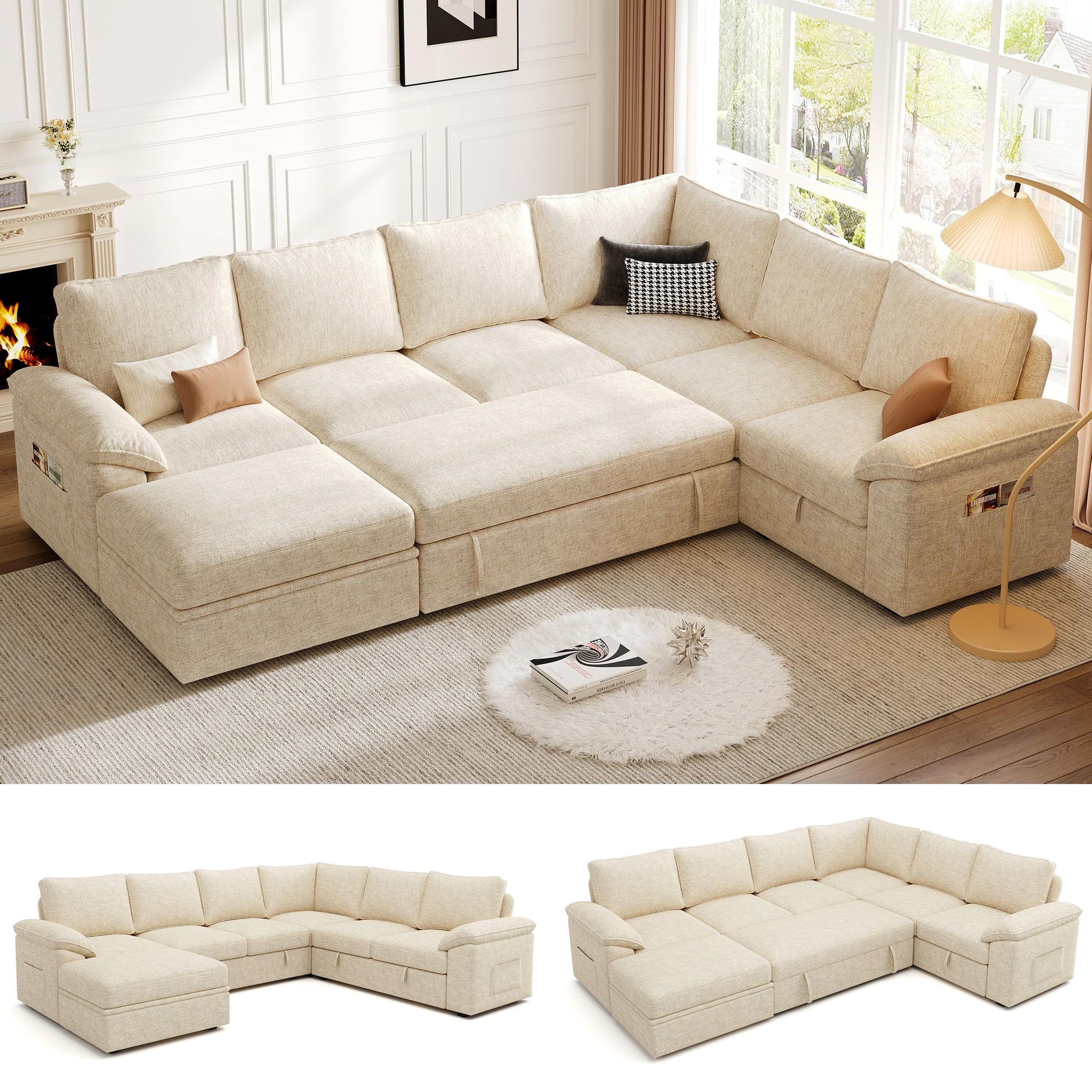108 Inch Sectional Sleeper Sofa with Pull Out Bed, U Shaped 7 Seat Modular Sectional Sofa with Storage, Sectional Couches for Living Room, Cloud Modular Couch, Removable Sofa Cover, Dark Grey