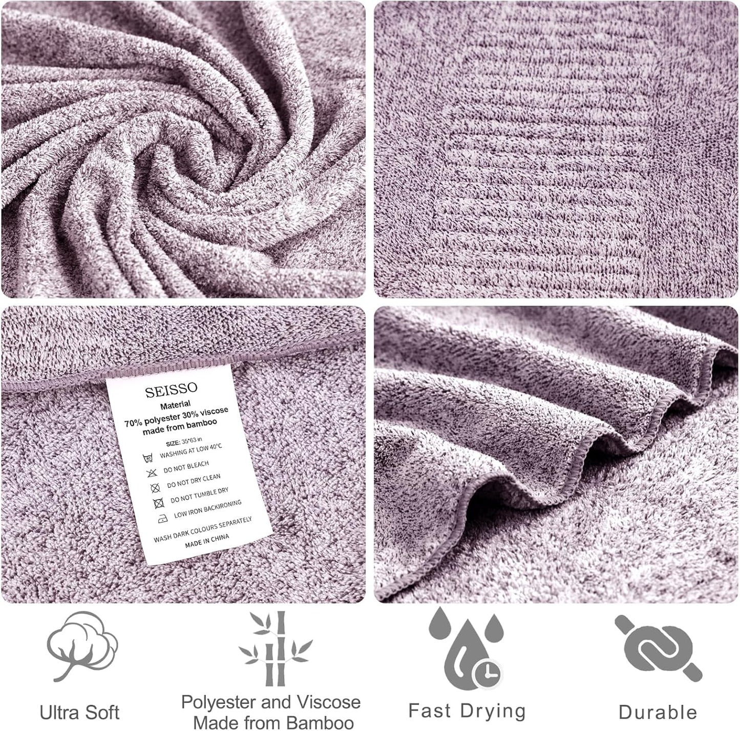 Bath Towels 4 Pack Large Bathroom Bamboo Viscose Towels 35” x 63” Plush Soft Bath Towel for Shower Extra Absorbent Jumbo Bath Sheet - Multipurpose Use as Sports, Travel, Fitness, Yoga (Purple)