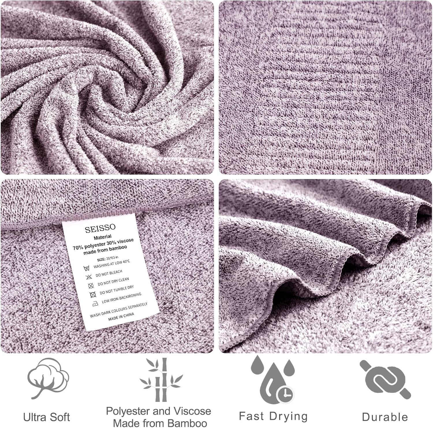 Bath Towels 4 Pack Large Bathroom Bamboo Viscose Towels 35” x 63” Plush Soft Bath Towel for Shower Extra Absorbent Jumbo Bath Sheet - Multipurpose Use as Sports, Travel, Fitness, Yoga (Purple)