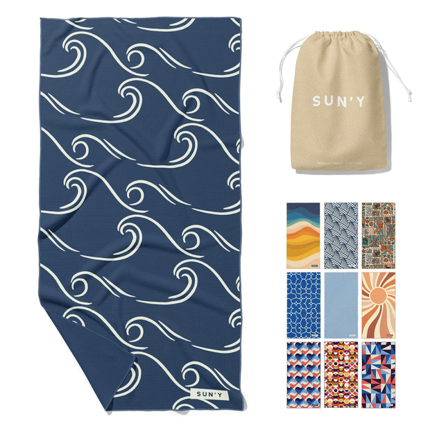 SUN'Y Waffle Microfiber Beach Towel – Sand Free, Quick Dry, Ultra Absorbent, Lightweight & Compact Travel Towel with Carry Bag - Large (63” x 31.5”), Boho