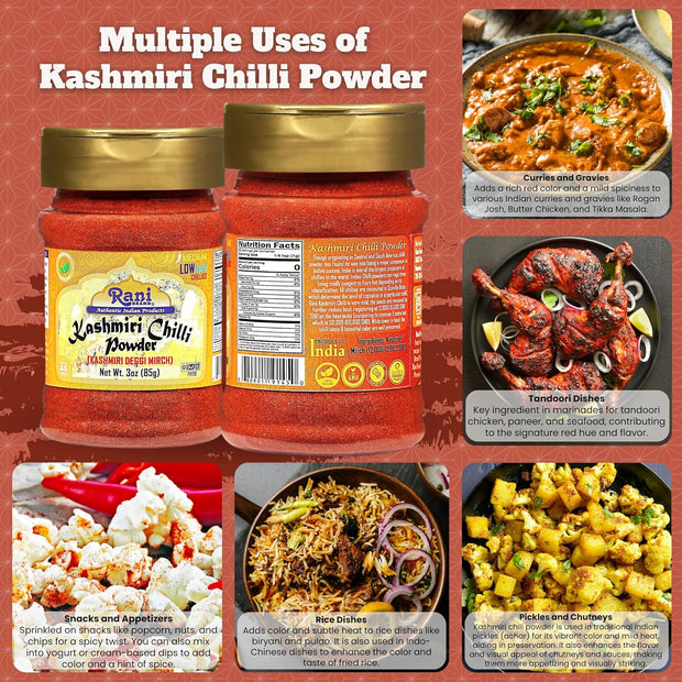 Rani Kashmiri Chilli Powder (Deggi Mirch, Low Heat) Ground Indian Spice 16oz (1lb) 454g PET Jar ~ All Natural | Salt-Free | Vegan | Kosher | Gluten Friendly