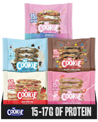 My Cookie Dealer Protein Cookies, Variety Pack (5-Pack, 2.2oz Each) - 15-17g of Protein per Cookie - Individually Wrapped Travel Snacks