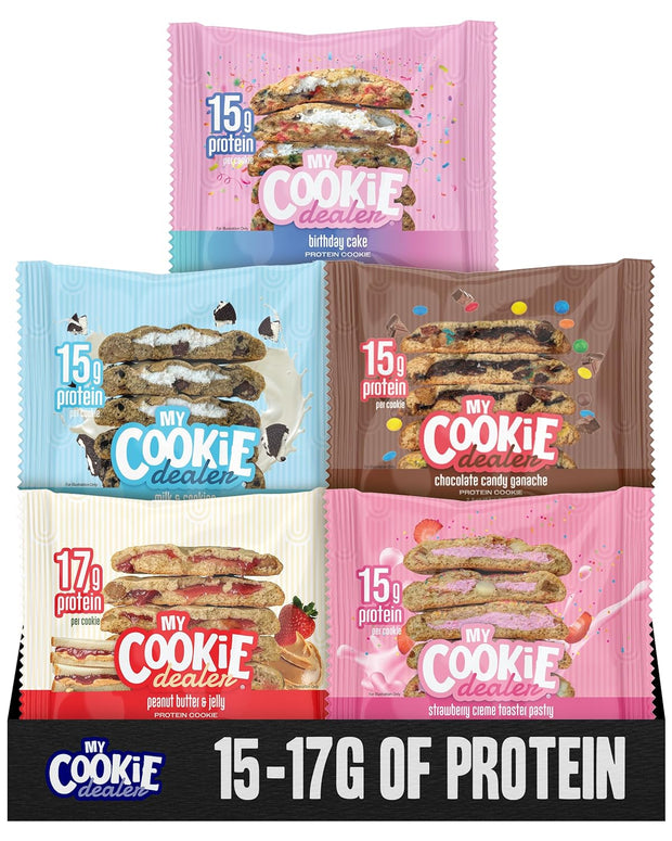 My Cookie Dealer Protein Cookies, Variety Pack (5-Pack, 2.2oz Each) - 15-17g of Protein per Cookie - Individually Wrapped Travel Snacks