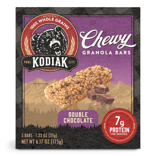 Kodiak Cakes Chewy Granola Snack Bars, Double Dark Chocolate, High Protein, 100% Whole Grains, 12 boxes with 5 bars each (60 bars total)