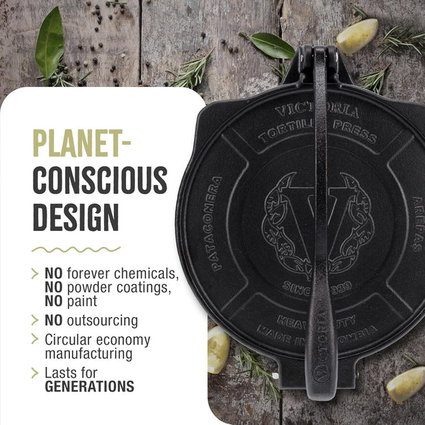 Victoria 8-Inch Cast Iron Tortilla Press HD Spherrous, Commercial-Grade Cast Iron Tortilla Maker, Roti Press, Pataconera Seasoned with Flaxseed Oil, Made in Colombia, Black