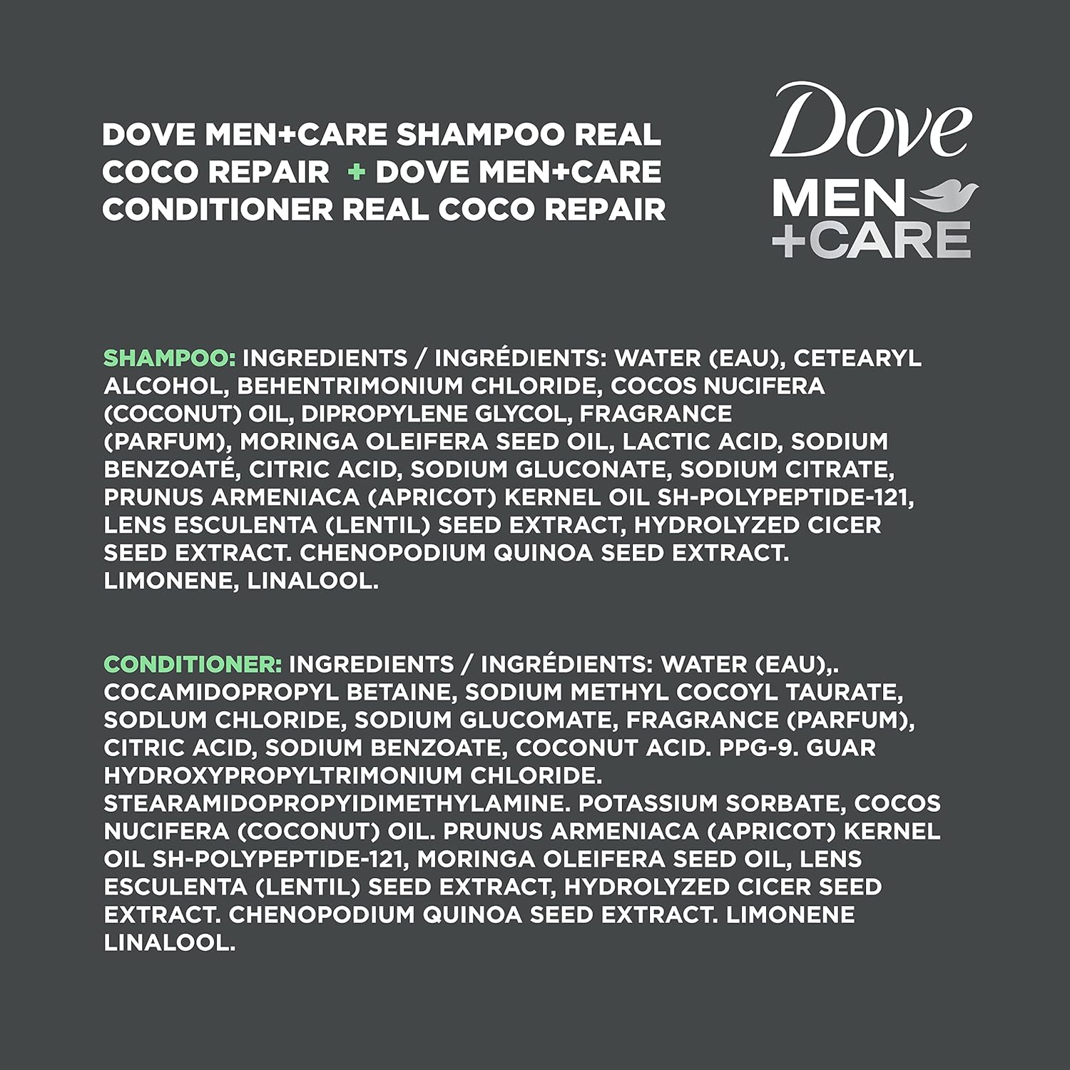 DOVE MEN + CARE Real Bio-Mimetic Care Shampoo & Conditioner Reconstruct 2 Count For Damaged Hair Sulfate Free Shampoo & Silicone-Free Conditioner with Coco Fatty Acid + Vegan Keratin 10 Oz