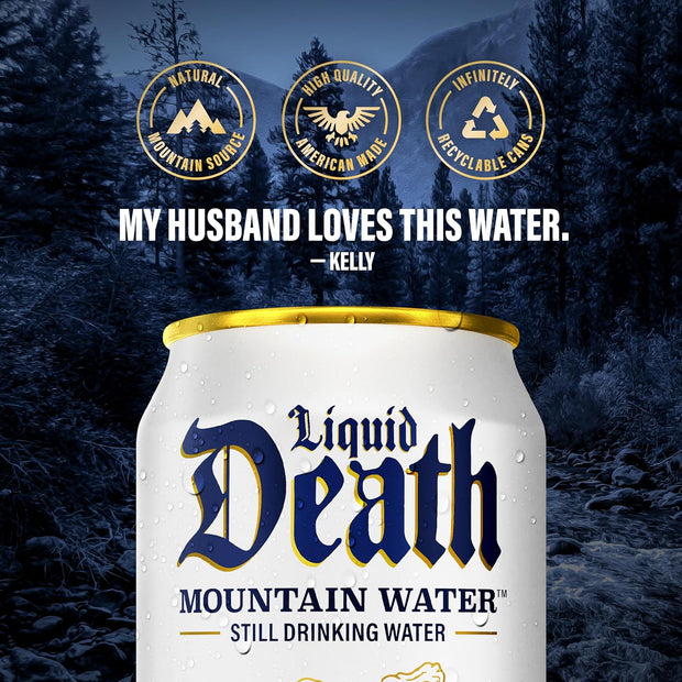 Liquid Death, Still Mountain Water, 12-Pack (12oz Cans), Real Mountain Source, Infinitely Recyclable Ice-Cold Cans, American Made