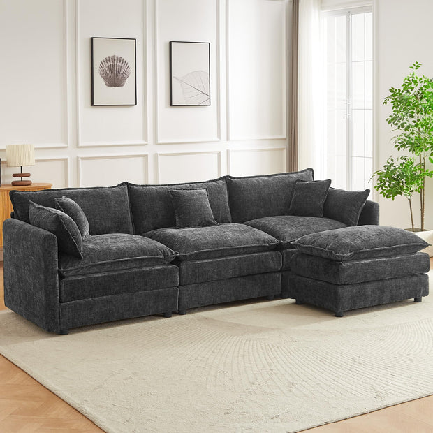 Modular Sectional Sofa, 112.2 Inch L Shaped Couch Set with Armrests, 3-Seater Comfy Cloud Couches with Movable Ottoman for Living Room Apartment, Coffee with 1 Ottoman