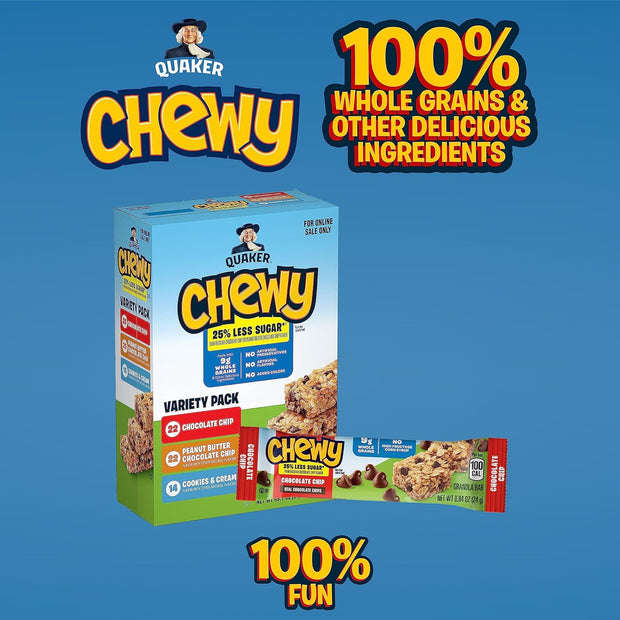 Quaker Chewy Lower Sugar Granola Bars, 3 Flavor Variety Pack, 58 Count (Pack of 1)