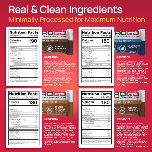 ProGo Protein Bars, Low Sugar, High Protein Snacks (Up to 21g) - 95% Pure Isolate for Faster Muscle Growth & Recovery, Low Calorie, Sweetened w/Peanut Butter & Raw Honey (4-Count, Starter Pack)