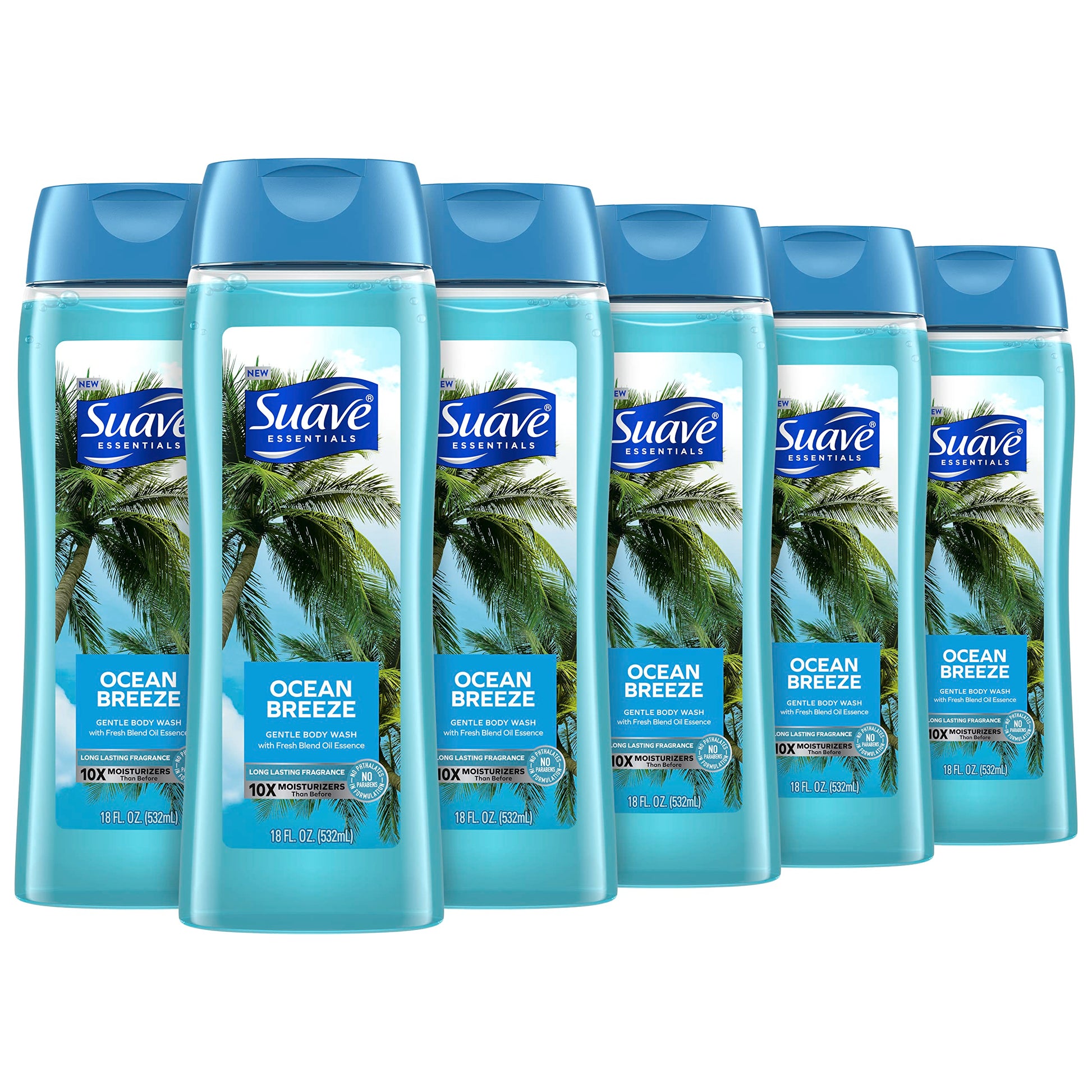 Suave Moisturizing Body Wash, with Ocean Breeze Scent and Vitamin E Extract, No Parabens, No Phtahaltes, 18 Oz Pack of 6
