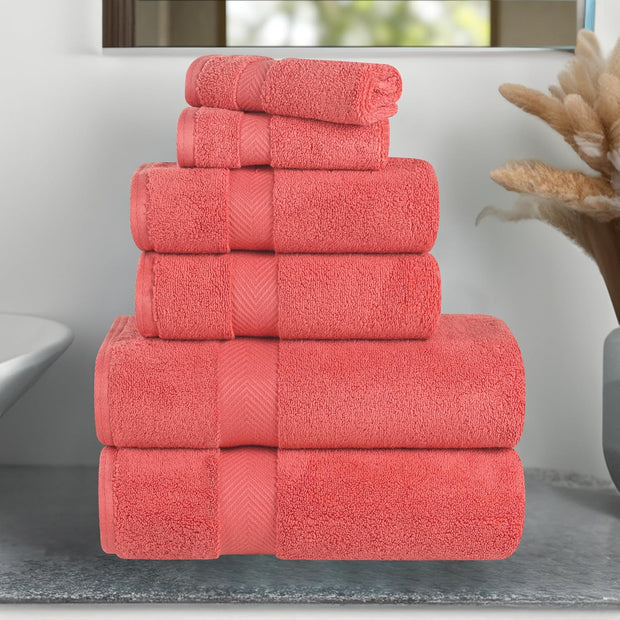 Superior Zero Twist 100% Cotton Bathroom Towels, Super Soft, Fluffy, and Absorbent, Premium Quality 6 Piece Towel Set with 2 Washcloths, 2 Hand Towels, and 2 Bath Towels, Coral