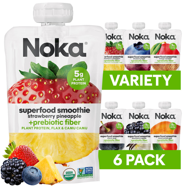 Noka Superfood Smoothie Pouches Variety Pack – Organic Fruit Blends with Plant Protein & Prebiotic Fiber, Wholesome Vegan Snack, 4.22 oz (12 Count)
