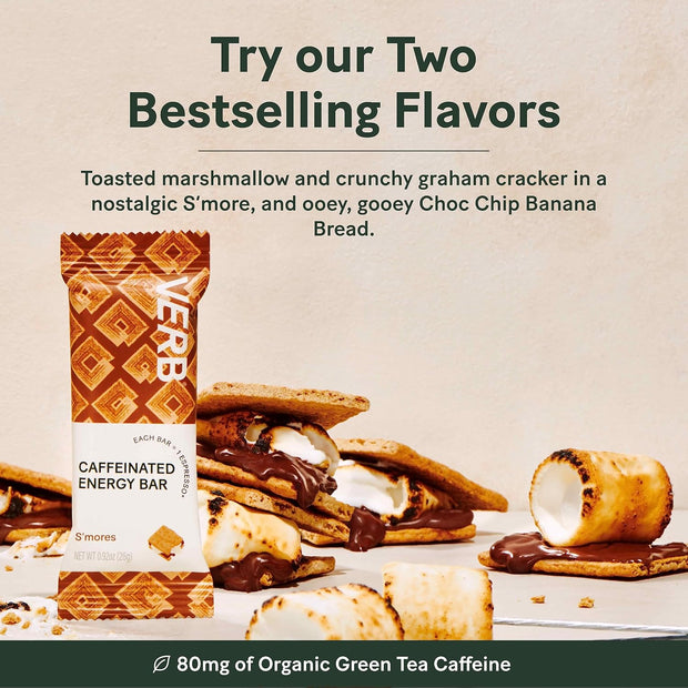Verb Caffeinated Energy Bars Variety Pack - 2 Delicious Flavors (26g, Pack of 16) 110-Calorie Delicious Low Sugar Energy Bar, Vegan & Gluten Free On-the Go Snack with 80mg Green Tea Caffeine