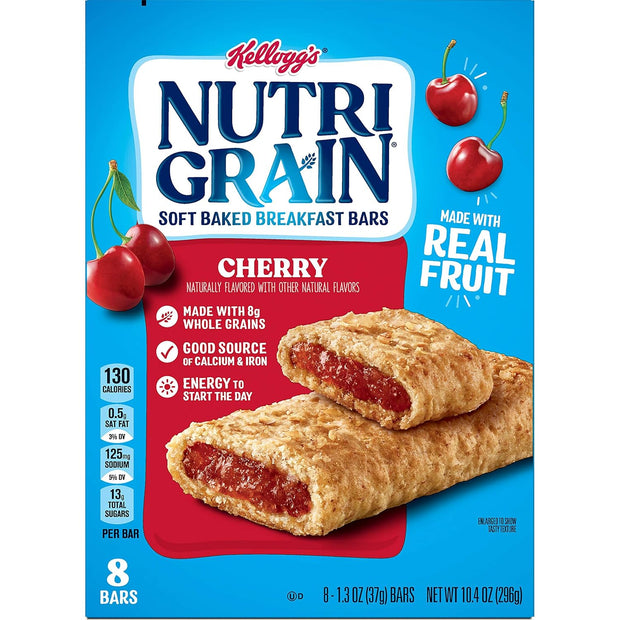 Kellogg's Nutri-Grain, Soft Baked Breakfast Bars, Cherry, Made with Whole Grain, 10.4 oz (8 Count)