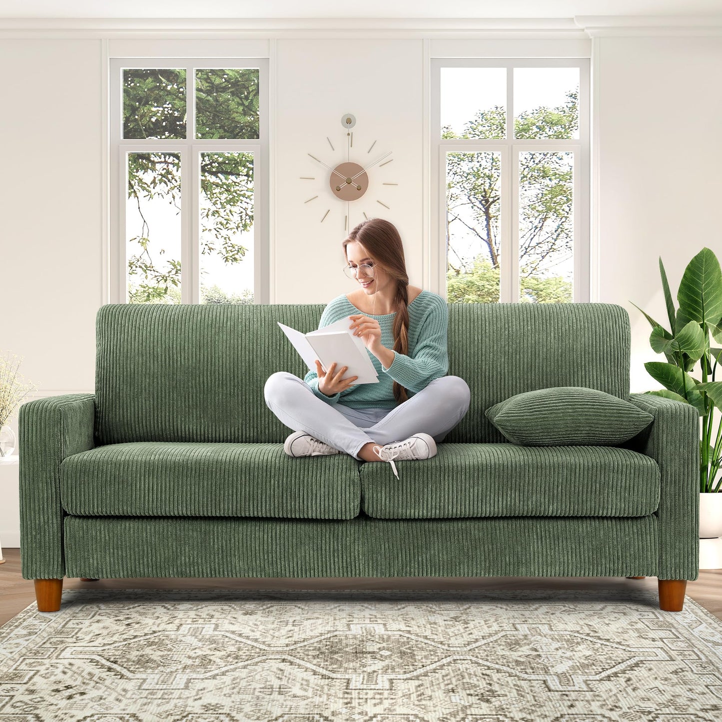 Kidirect 87in Green Sofa, Couches for Living Room 21in Extra Deep Seats, Comfy Corduroy Sofas for Living Room No Tool Assembly, Modern Oversized Love Seat with 2 Pillows, Sofa Couch for Bedroom
