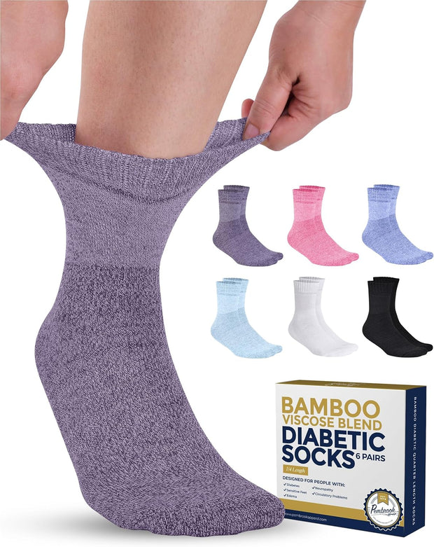 Pembrook Bamboo Viscose Diabetic Socks for Women & Men - 6 Pairs Ankle Socks for Swollen Feet | Neuropathy Socks | Edema Neuropathy Socks for Women | Diabetic Socks Women 9-12