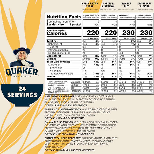 Quaker Instant Oatmeal, Protein 4 Flavor Variety Pack, 7g+ Protein, Individual Packets, 24 Count