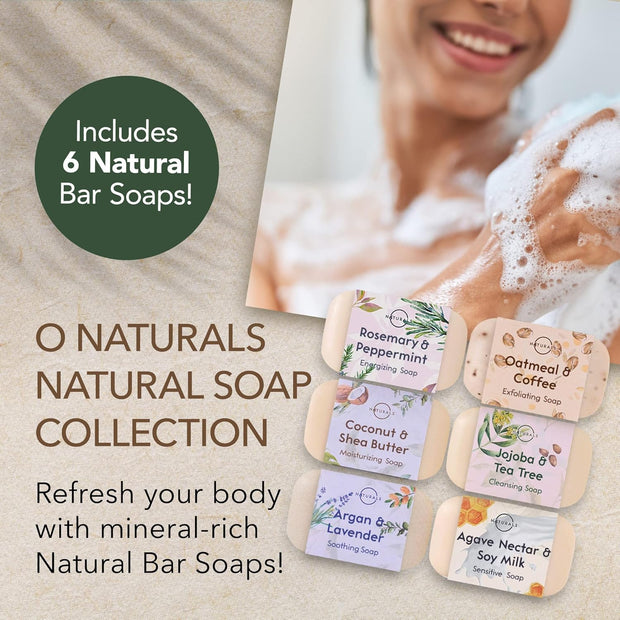 O NATURALS 100% Natural Bar Soap - Gift Set for Women - Organic Ingredients & Essential Oils - Spa Gifts for Women & Men, Body Wash Soap Bar - 6PC Natural Collection