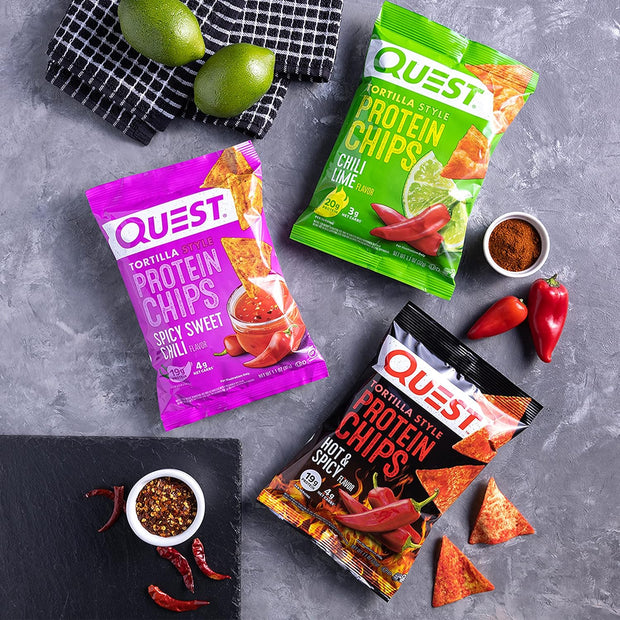 Quest Nutrition Tortilla Style Protein Chips, Spicy Variety Pack, Chili Lime, Hot & Spicy, & Spicy Sweet Chili, 12 Count (3 Each Flavor)