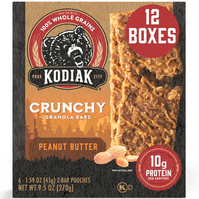 Kodiak Cakes Crunchy Granola Protien Snack Bars, Peanut Butter, High Protein, 100% Whole Grains, 12 boxes with 6 pouches (144 bars)
