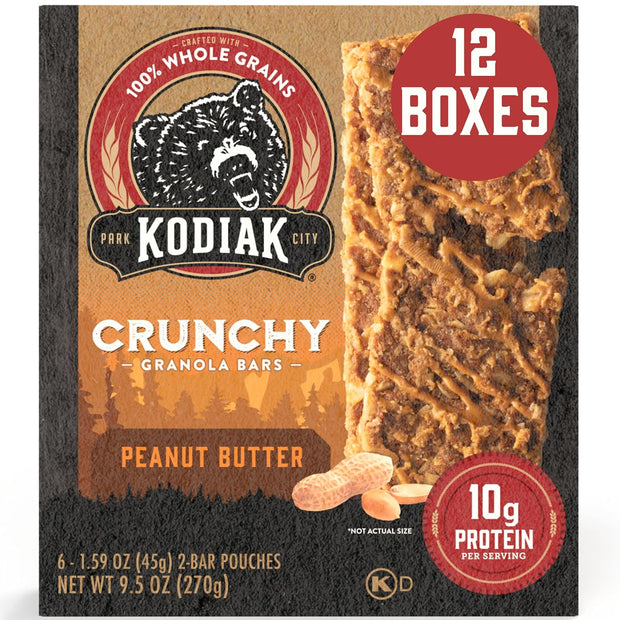 Kodiak Cakes Crunchy Granola Protien Snack Bars, Peanut Butter, High Protein, 100% Whole Grains, 12 boxes with 6 pouches (144 bars)