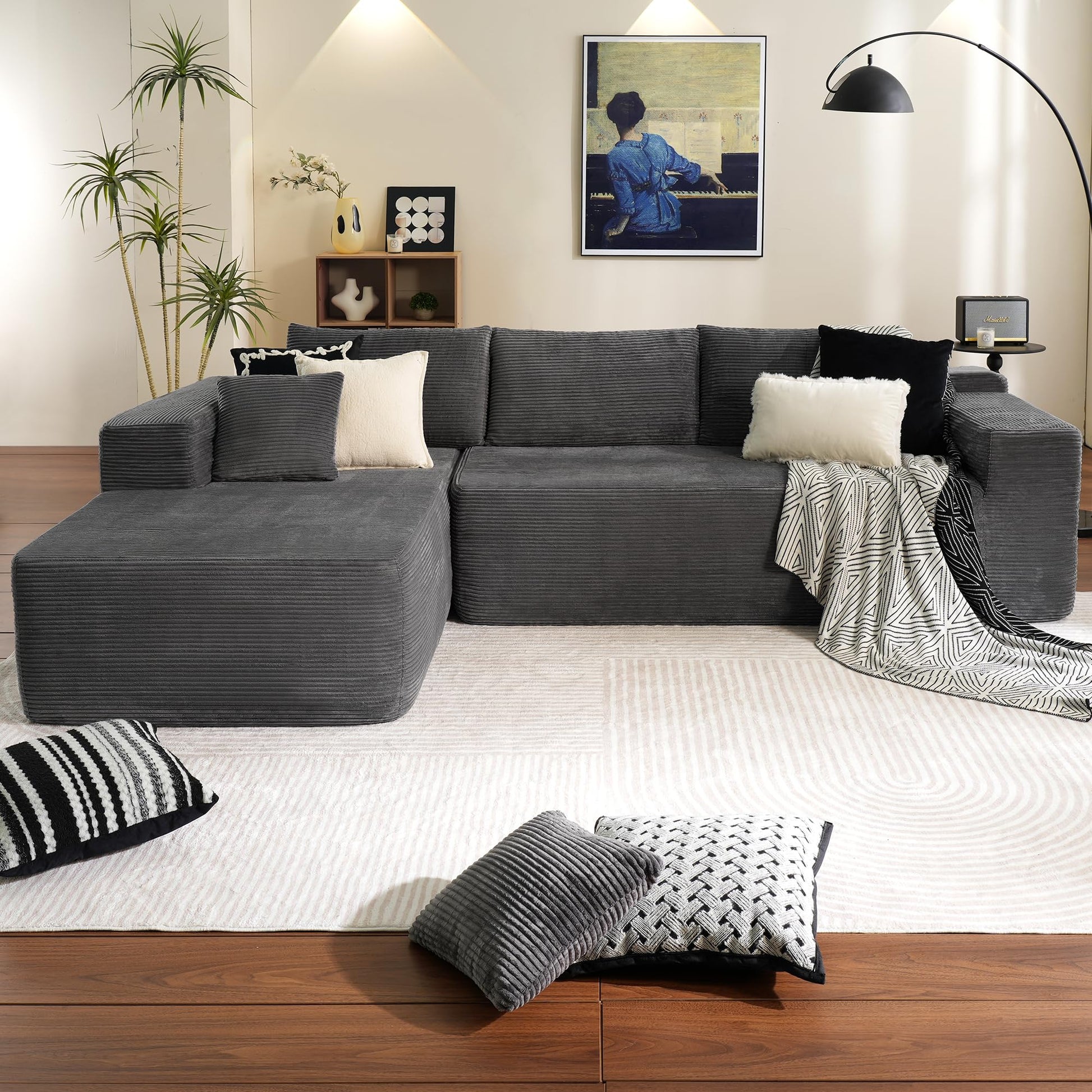 ovios Sectional Cloud Couch for Living Room, Modular Floor Sofa with Plush Corduroy, No Assembly Required, Big Comfy Couches Set with Fluffy Memory Foam, Stupendous U Shaped Sofas with Chaise, Brown