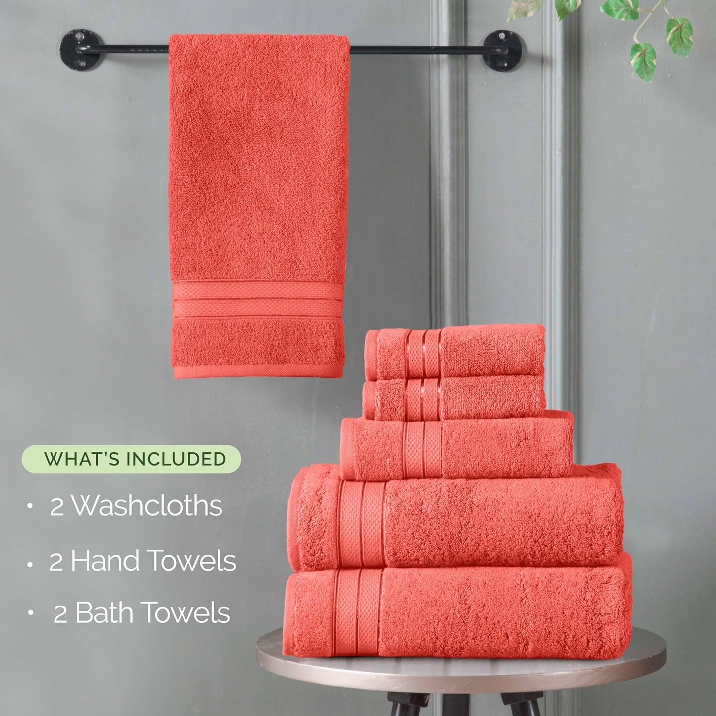 Elegant Comfort Luxury 6-Piece Towel Set, Premium Soft 100% Turkish Cotton, Three Line Popcorn Design 2 Bath Towels, 2 Hand Towels and 2 Washcloths Towel Set - Quick-Drying and Absorbent, Coral