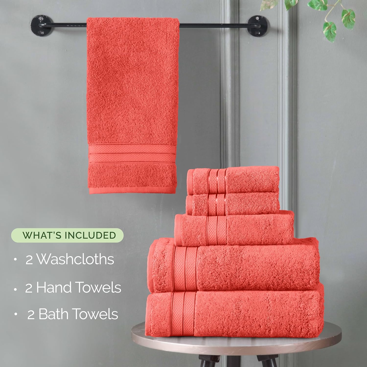 Elegant Comfort Luxury 6-Piece Towel Set, Premium Soft 100% Turkish Cotton, Three Line Popcorn Design 2 Bath Towels, 2 Hand Towels and 2 Washcloths Towel Set - Quick-Drying and Absorbent, Coral