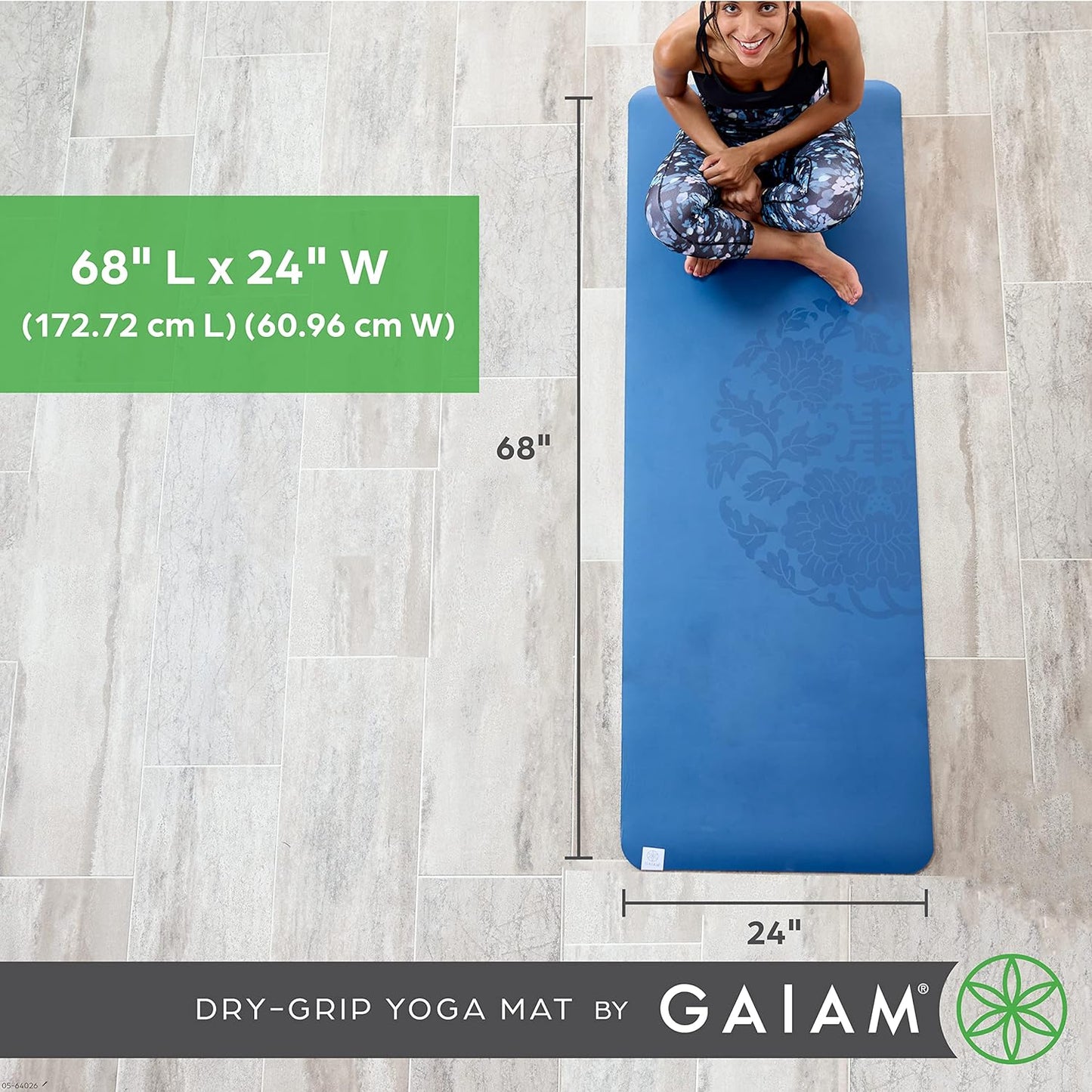Gaiam Dry-Grip Yoga Mat - 5mm Thick Non-Slip Exercise & Fitness Mat for Standard or Hot Yoga, Pilates and Floor Workouts - Cushioned Support, Non-Slip Coat - 68 x 24 Inches
