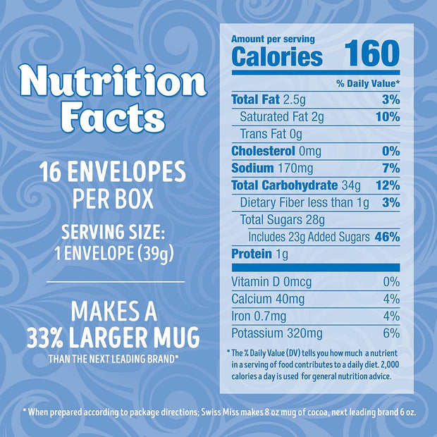 Swiss Miss Hot Cocoa Drink Mix, Milk Chocolate Flavor, Family Pack, 16 ct