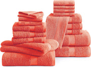 Lane Linen 100% Cotton Luxury Bath Towel Set - 18 Pieces - Ring Spun, Ultra Soft, Quick Dry & Extra Absorbent - 4 Bath, 8 Washcloths, 6 Bathroom Hand Towels - Machine Wash in Cold Water - Living Coral