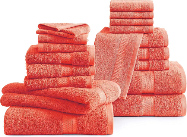 Lane Linen 100% Cotton Luxury Bath Towel Set - 18 Pieces - Ring Spun, Ultra Soft, Quick Dry & Extra Absorbent - 4 Bath, 8 Washcloths, 6 Bathroom Hand Towels - Machine Wash in Cold Water - Living Coral
